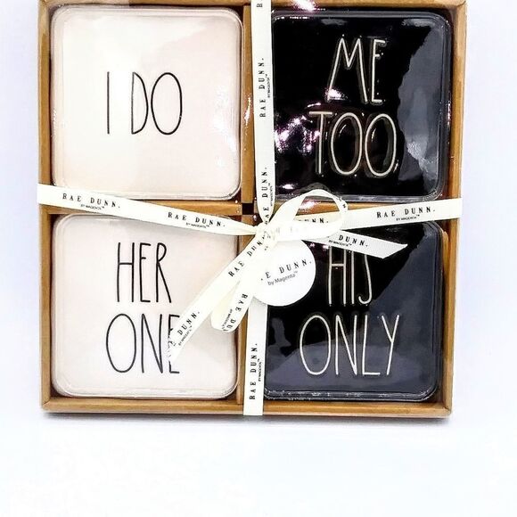 NIB Rae Dunn Wedding "I DO, ME TOO, HER ONE, HIS ONLY" Ceramic Drink Coasters - Picture 1 of 3